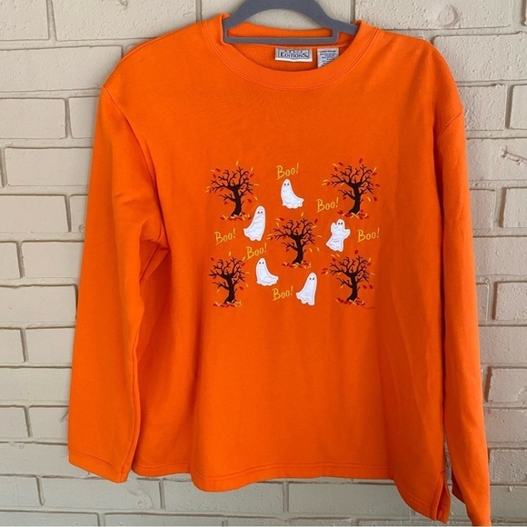Basic Editions Womens Pullover Sweatshirt Large Orange Pumpkin Halloween Vintage - Picture 1 of 6